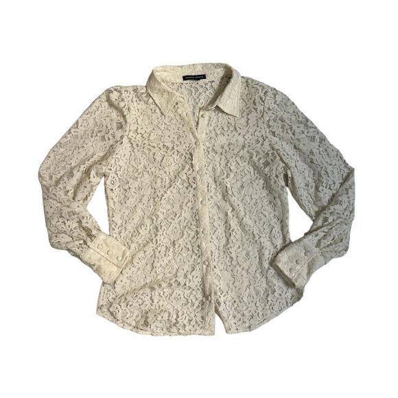 Boston Proper Velvet Lace Victoria Chic Drama Sleeve Button Up Shirt Size Large - Picture 11 of 16